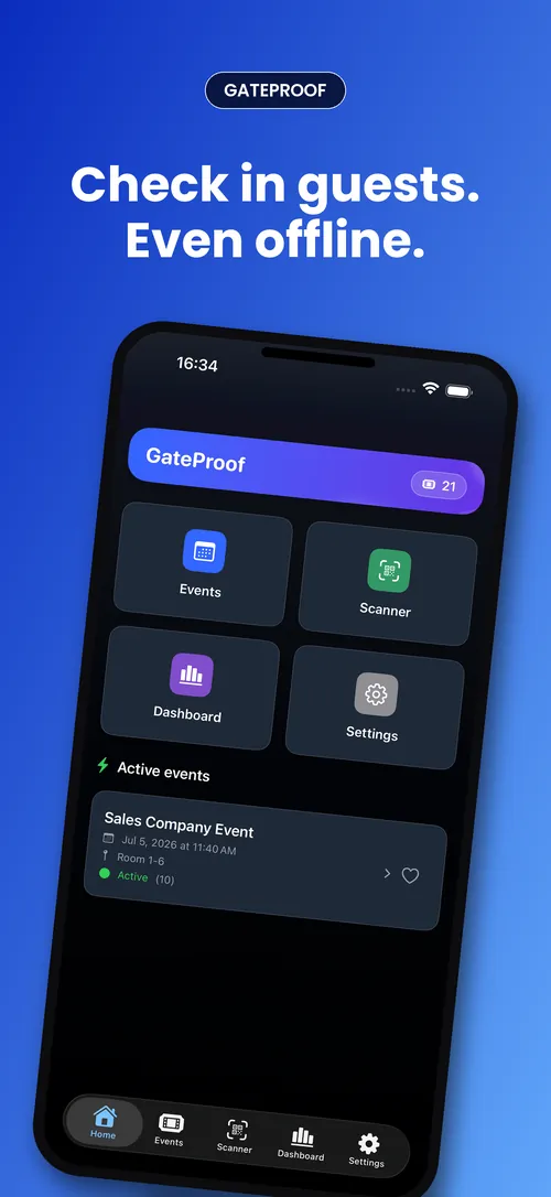 GateProof home screen with Events, Scanner, Dashboard and Settings