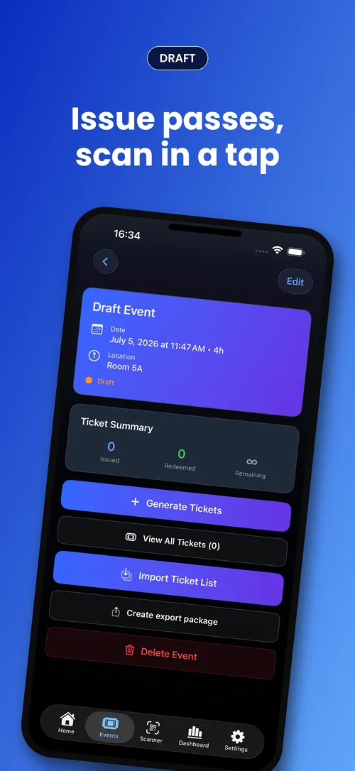 Issuing passes from a draft event: ticket summary with buttons to generate or import passes