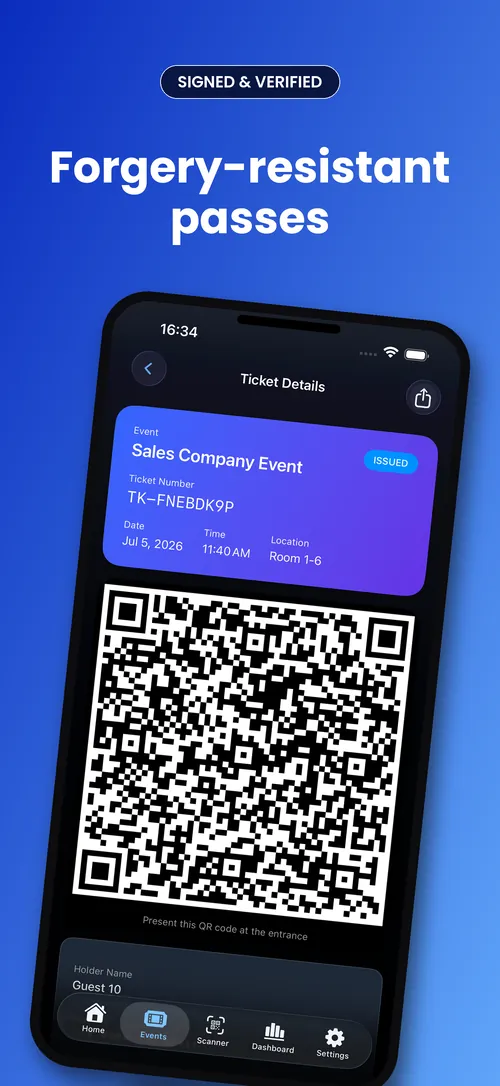 A guest's signed pass with its QR code and ticket details