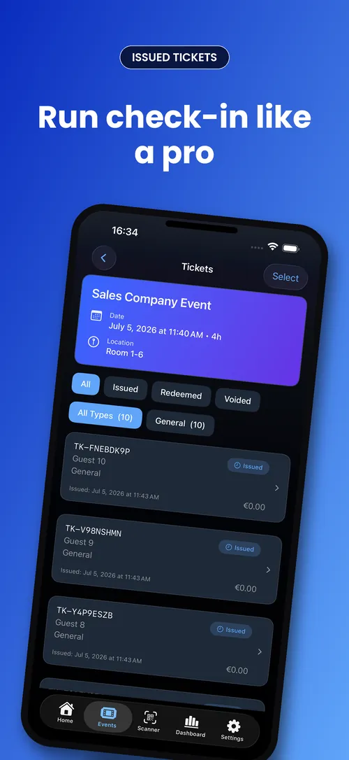 An event's ticket list, filtered by status and ticket type